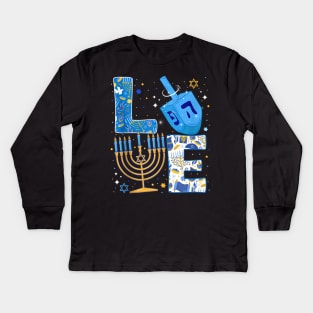 Hanukkah love with menorah for jewish Christmas holiday Kids Long Sleeve T-Shirt